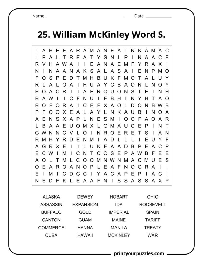 Hard William McKinley word search puzzle with a 20x20 grid and Spanish-American War vocabulary.
