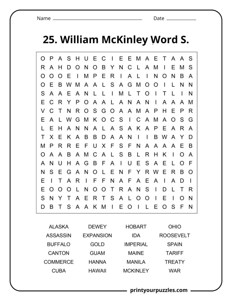 Medium difficulty William McKinley word search puzzle with U.S. history and presidency vocabulary.