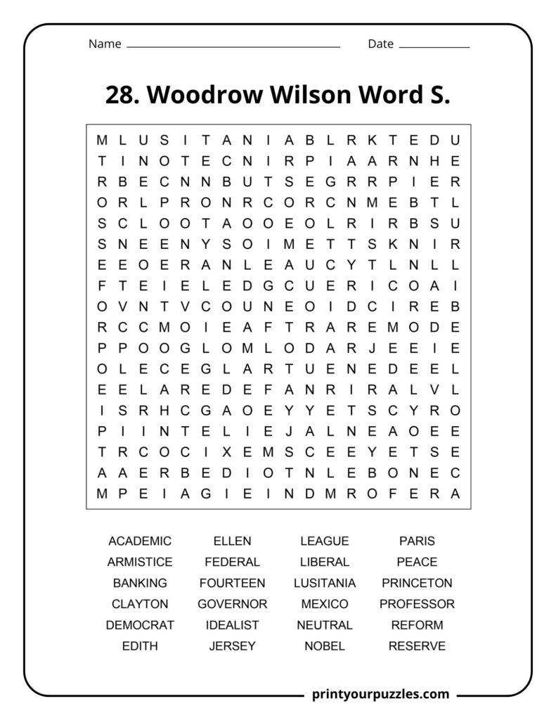 Medium difficulty Woodrow Wilson word search puzzle with U.S. history and presidency vocabulary.
