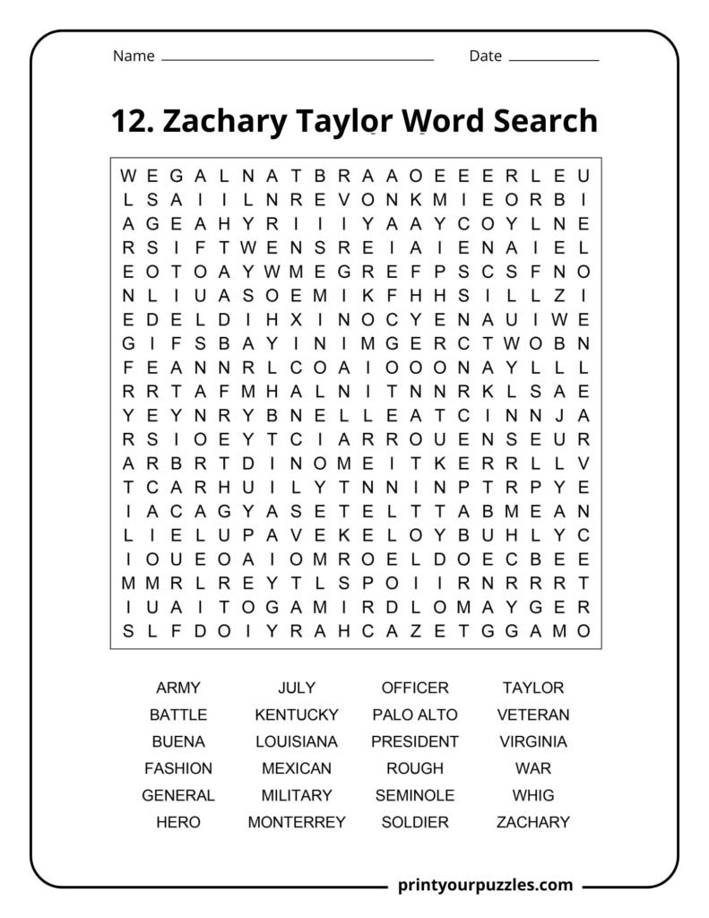 Hard Zachary Taylor word search puzzle with military and presidential terms about the 12th U.S. president.