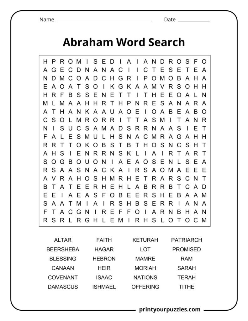 Hard Abraham word search puzzle with large grid and terms like covenant, Isaac, Sarah, and promised land.