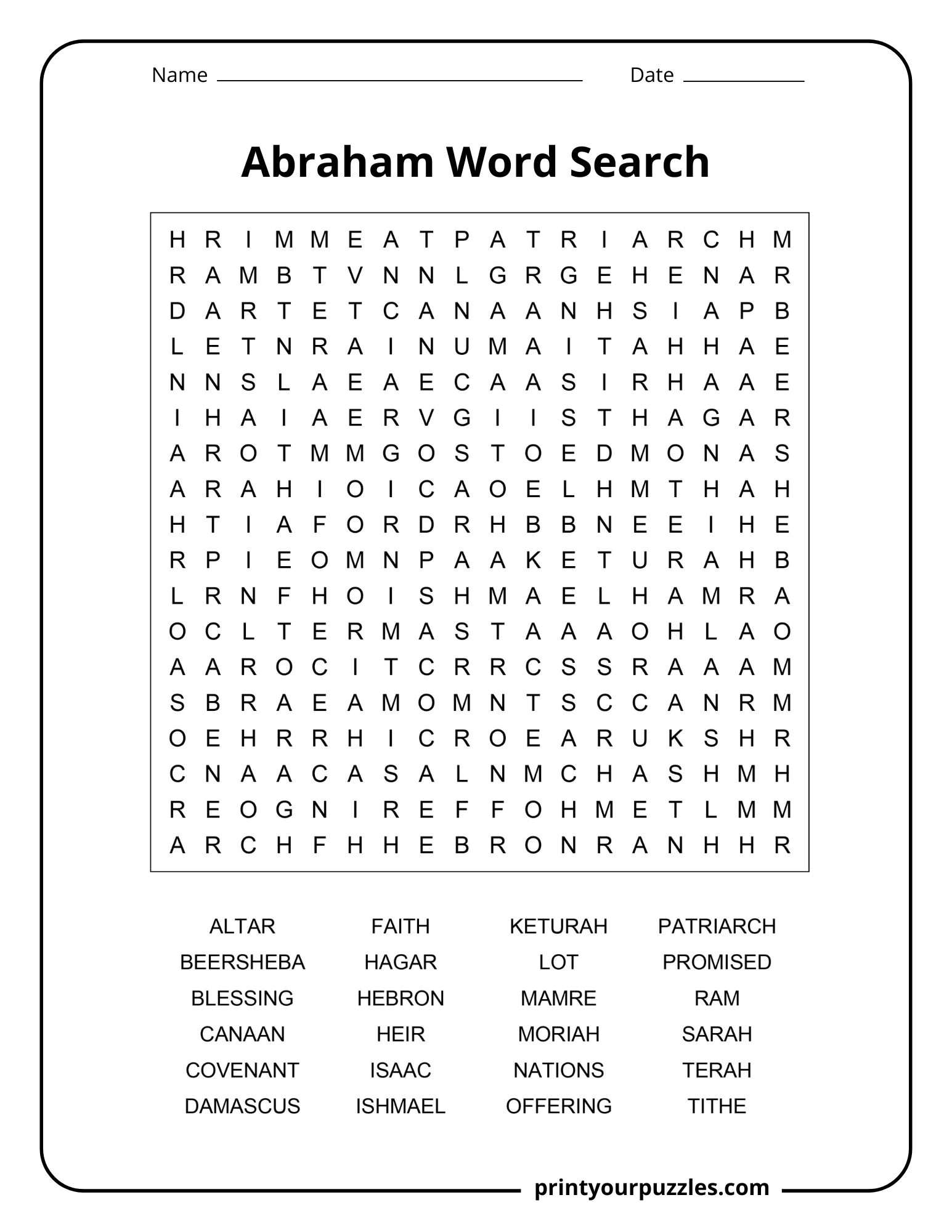Medium Abraham word search puzzle with balanced grid and words like faith, altar, Hebron, and blessing.