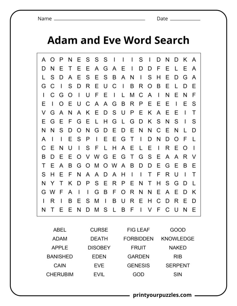Medium Adam and Eve word search puzzle with Bible words like apple, garden, serpent, and sin.