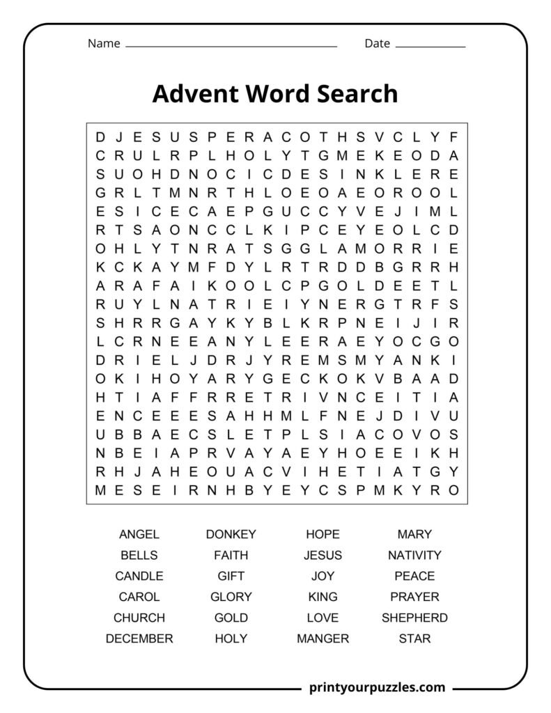 Hard Advent word search puzzle with large grid and words like nativity, shepherd, manger, and December.
