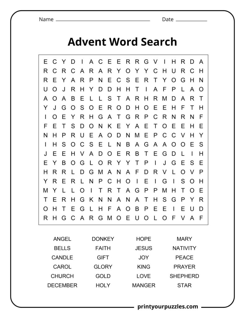 Medium Advent word search puzzle with clear grid and words like angel, Jesus, joy, peace, and Christmas themes.