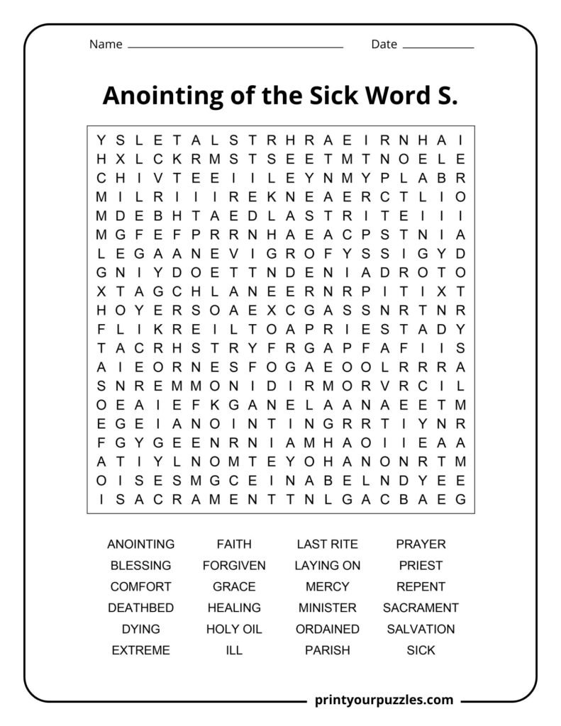 Hard Anointing of the Sick word search puzzle with 20x20 grid and 24 words like sacrament, healing, priest, and grace.