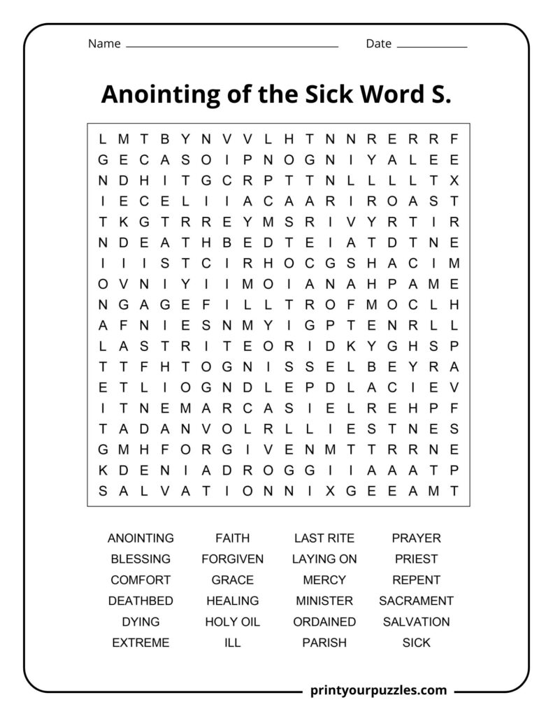 Medium Anointing of the Sick word search puzzle with grid and words like prayer, mercy, forgiven, and salvation.