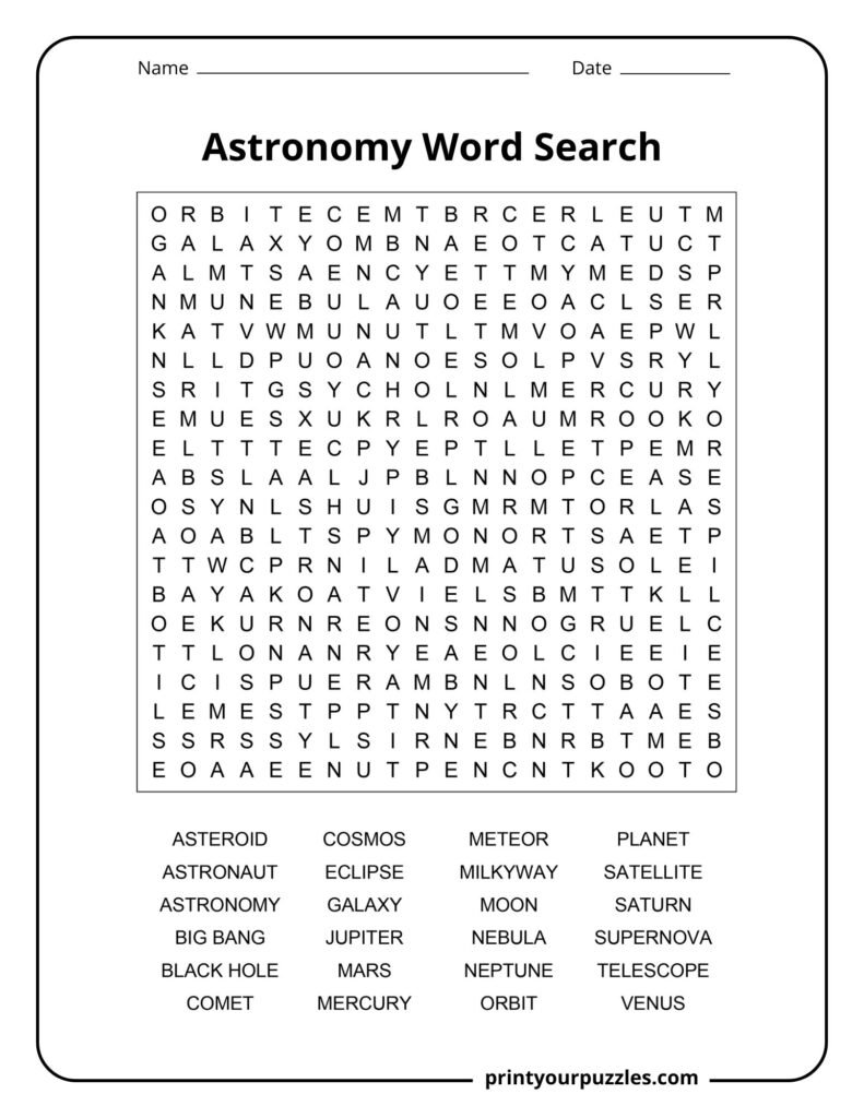 Hard astronomy word search printable with space terms like galaxy, nebula, black hole, and supernova.