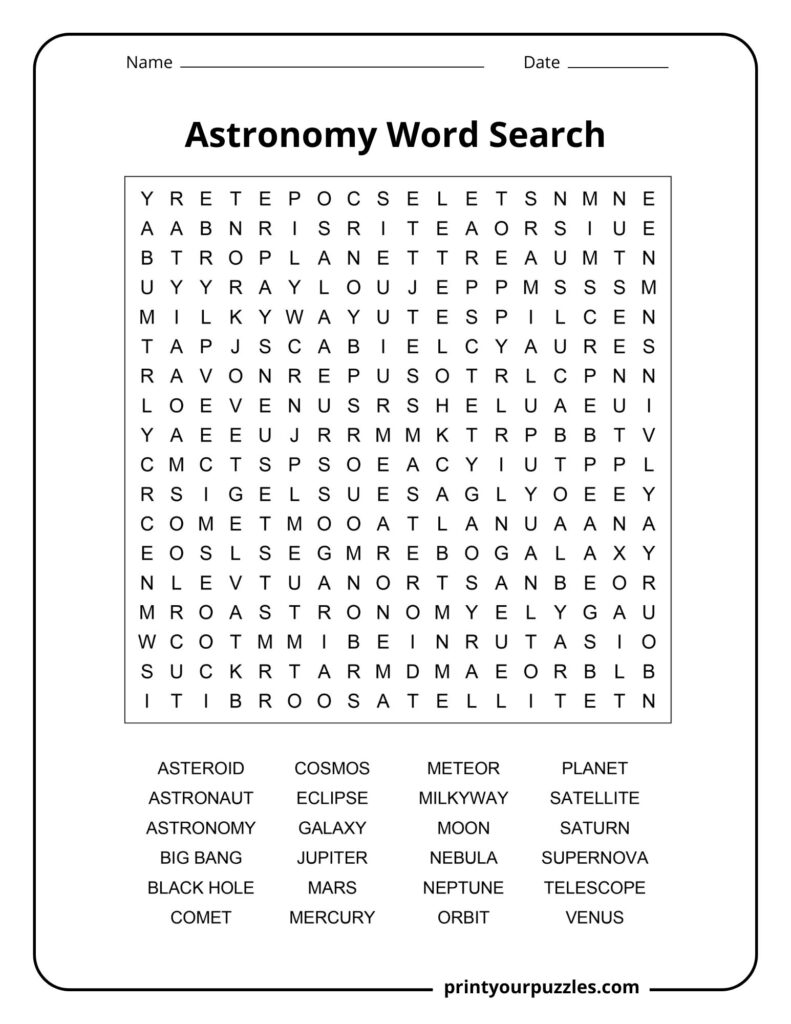 Medium astronomy word search printable with space terms like planet, comet, galaxy, and telescope.