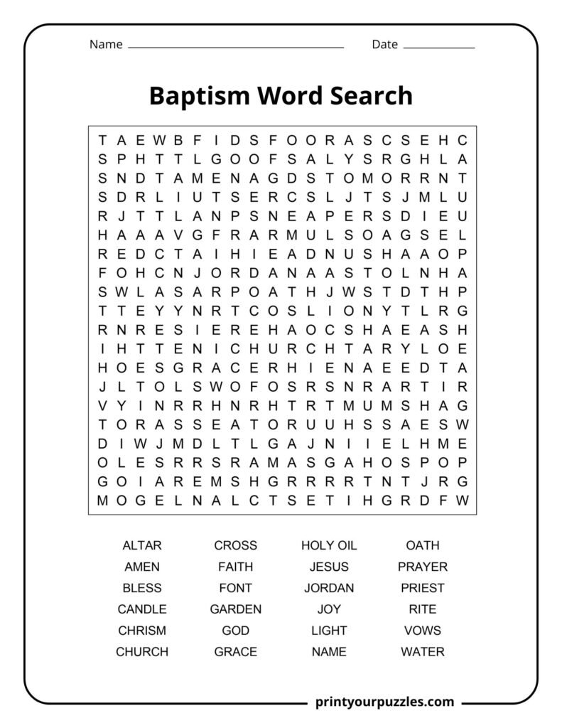 Hard Baptism word search puzzle with 20x20 grid and 24 words like Jesus, water, grace, and covenant.