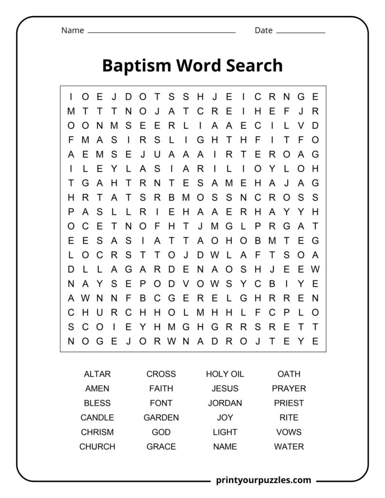 Medium Baptism word search puzzle with grid and words like prayer, cross, font, and Holy Oil.