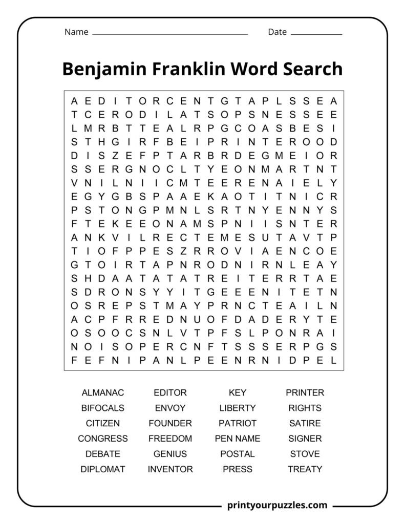 Hard Benjamin Franklin word search printable with 24 terms related to his life, inventions, and legacy.