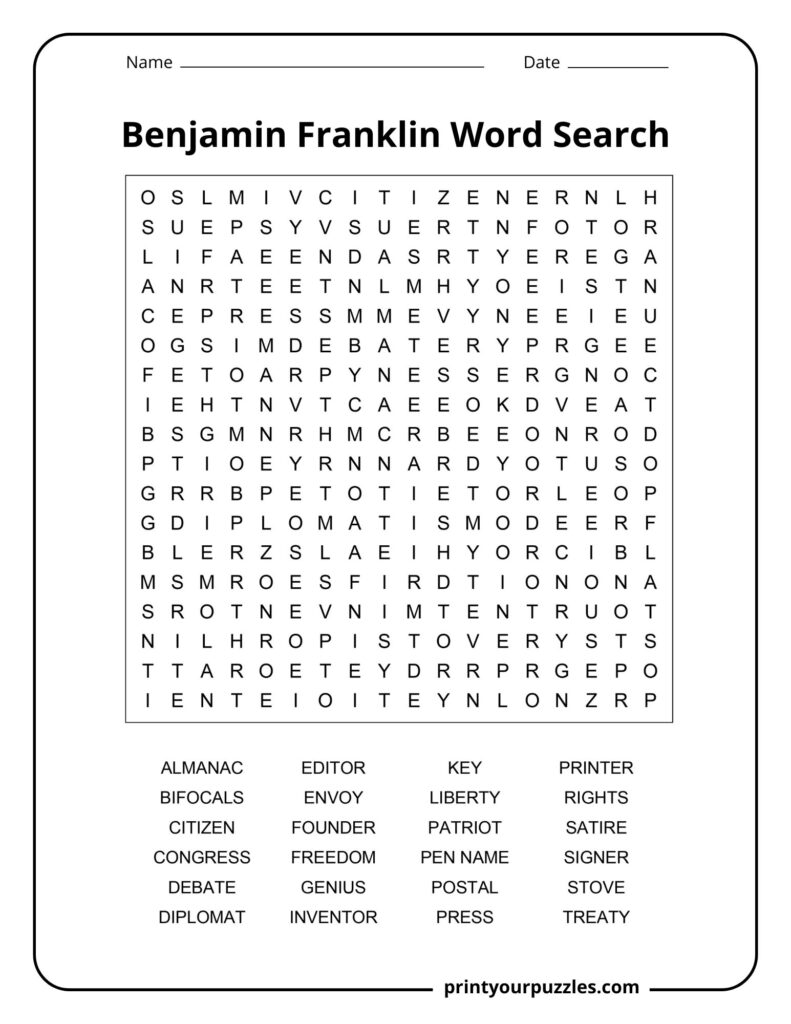 Medium Benjamin Franklin word search printable with 24 vocabulary words in a clear and readable grid.