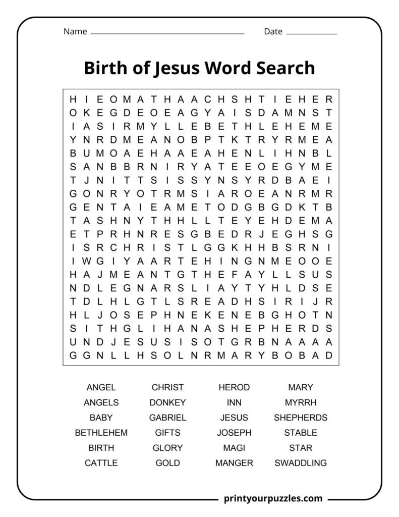 Hard Birth of Jesus word search puzzle with large grid and 24 Christian-themed hidden words.