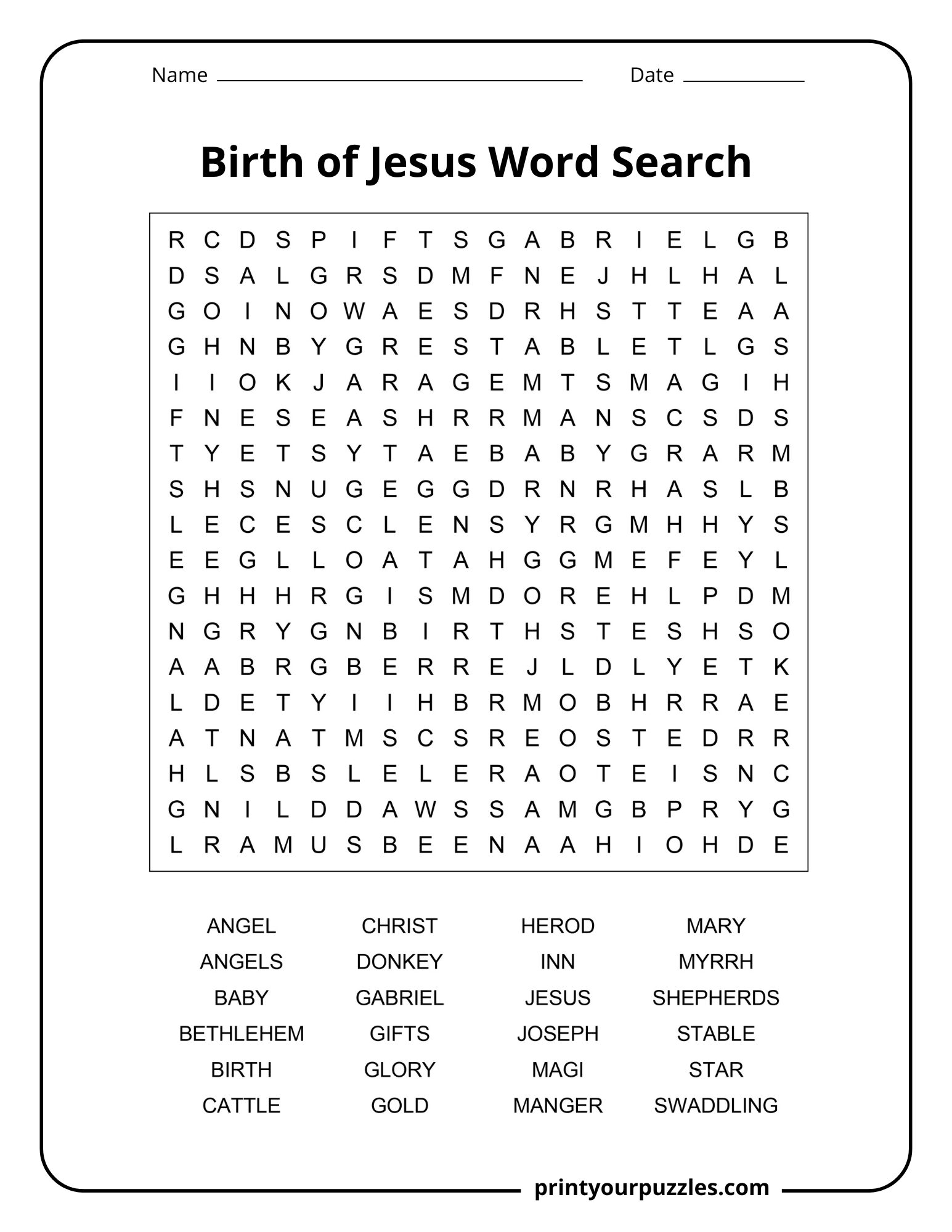 Medium Birth of Jesus word search puzzle with clear grid and Christian Nativity-themed hidden words.
