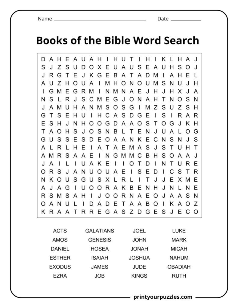 Hard Books of the Bible word search puzzle with large grid and list of Old and New Testament books.