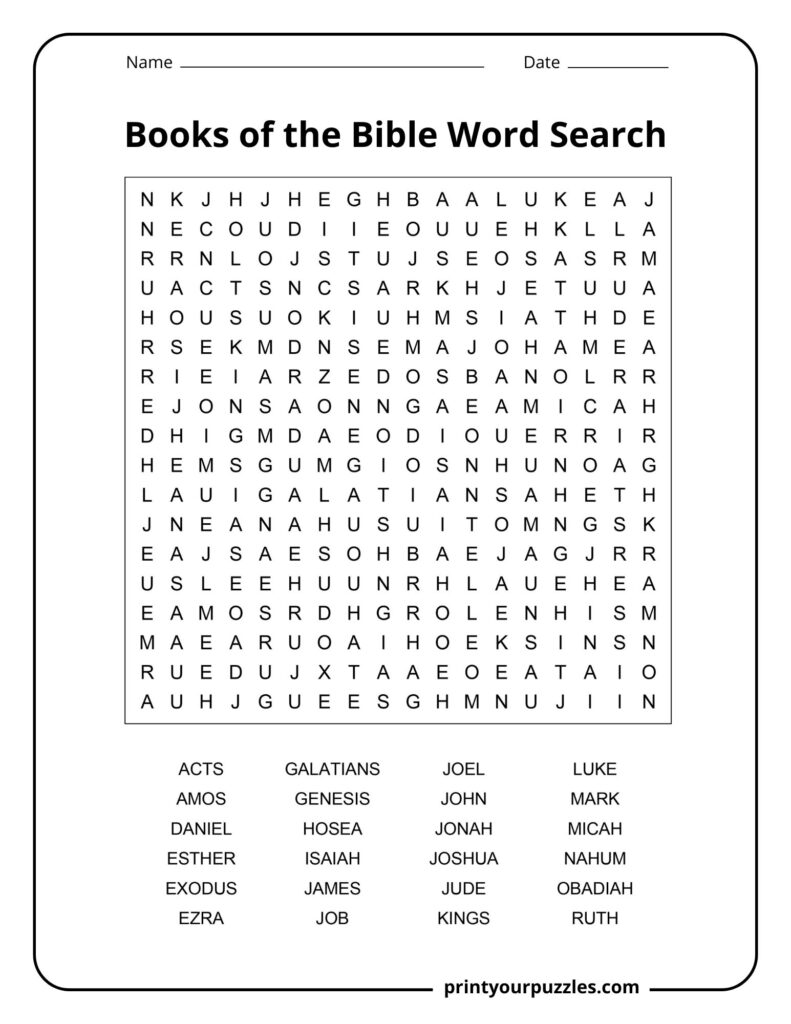 Medium Books of the Bible word search puzzle with balanced grid and list of biblical book names.