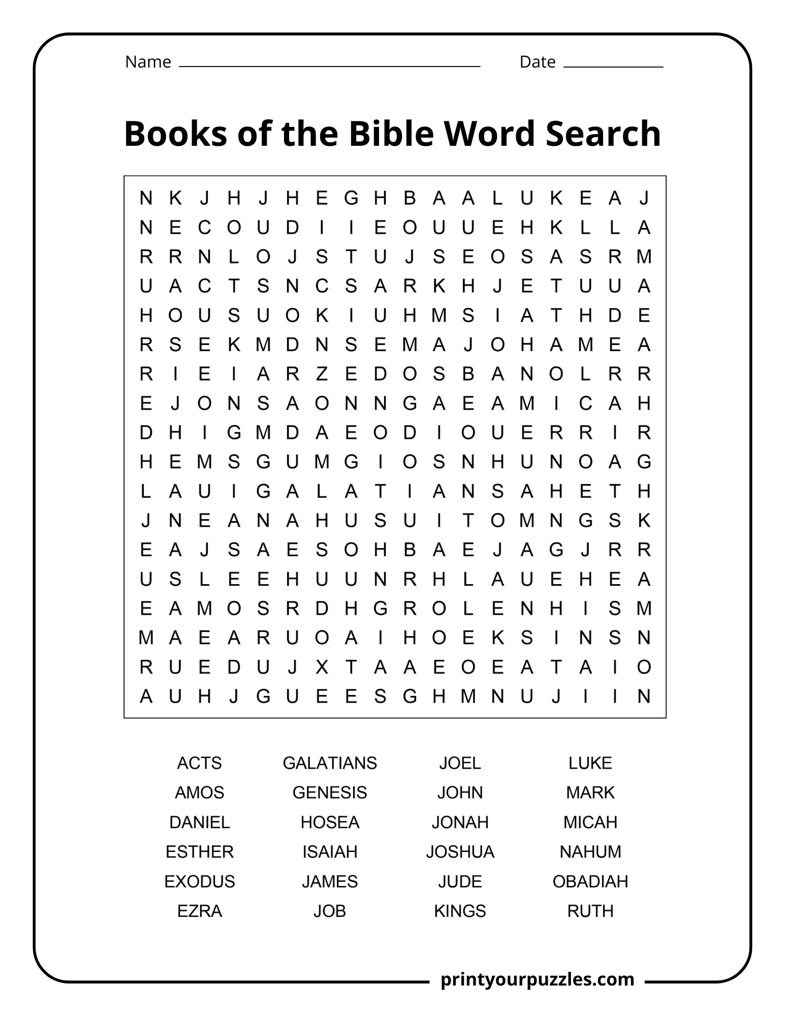 Medium Books of the Bible word search puzzle with balanced grid and list of biblical book names.