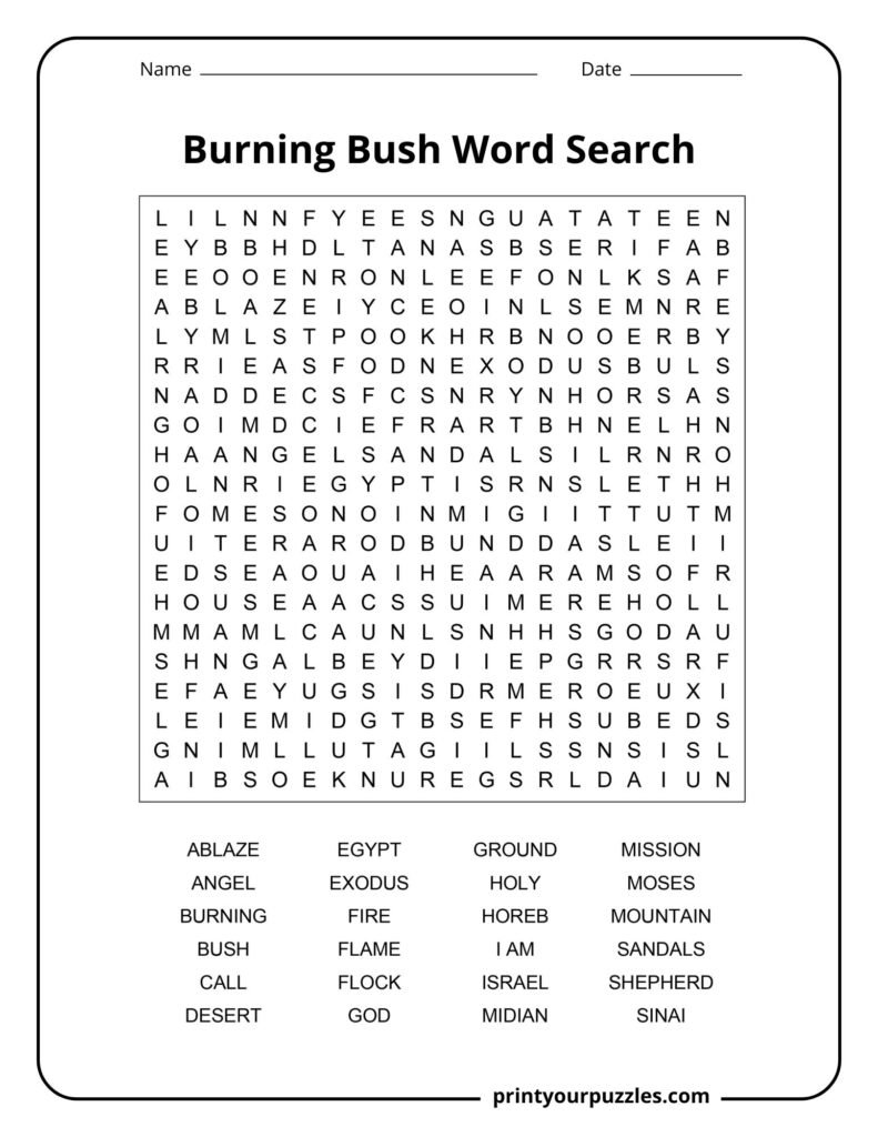 Hard Burning Bush word search puzzle with large grid and words like Moses, Exodus, fire, and Sinai.
