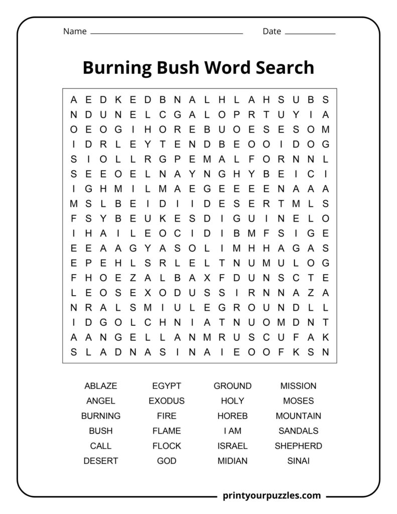Medium Burning Bush word search puzzle with clear grid and words like angel, desert, God, and Horeb.