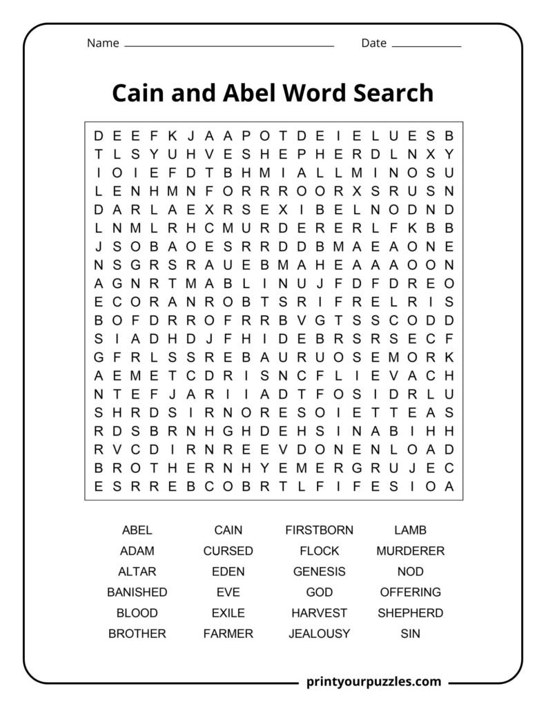 Hard Cain and Abel word search puzzle with large grid and terms like sacrifice, jealousy, brother, and murder.