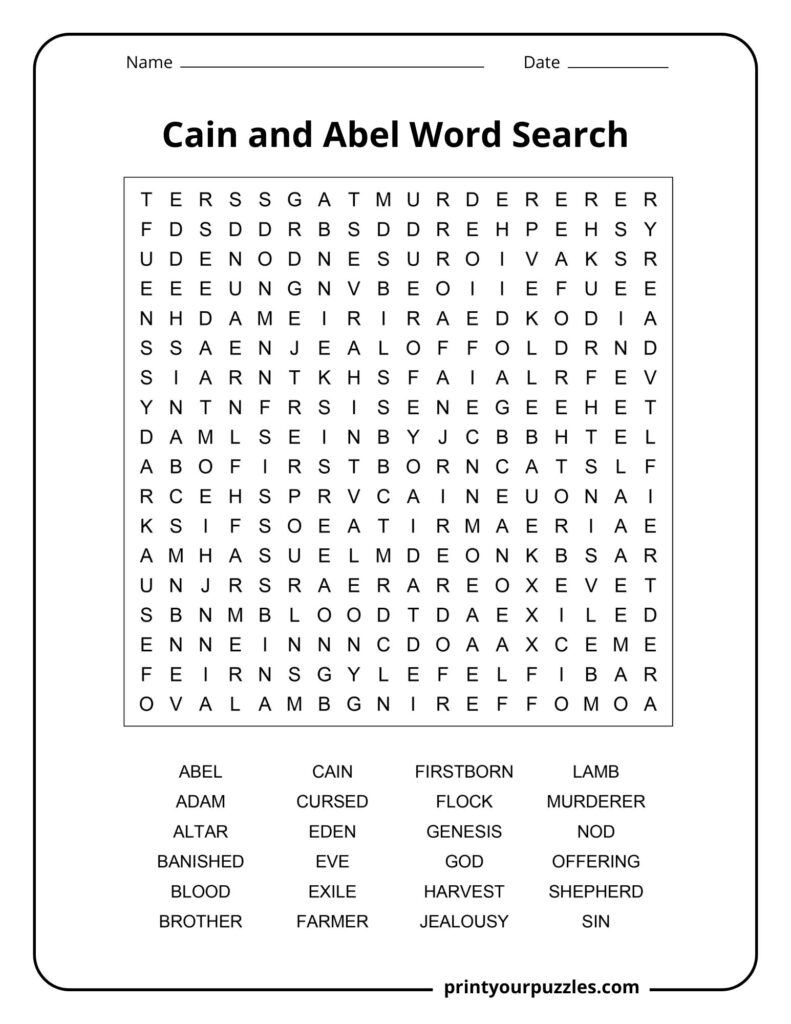Medium Cain and Abel word search puzzle with balanced grid and words like offering, flock, farmer, and sin.
