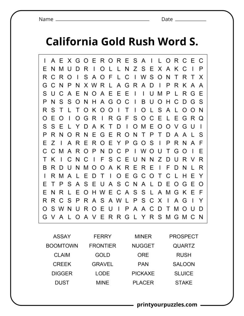 Hard California Gold Rush word search printable with 24 mining and frontier-themed vocabulary words.
