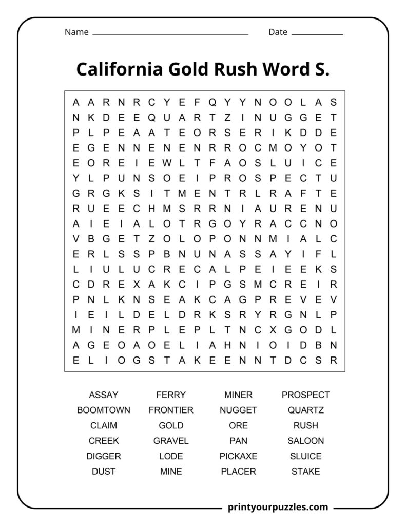 Medium California Gold Rush word search printable with 24 frontier and mining-related vocabulary terms.