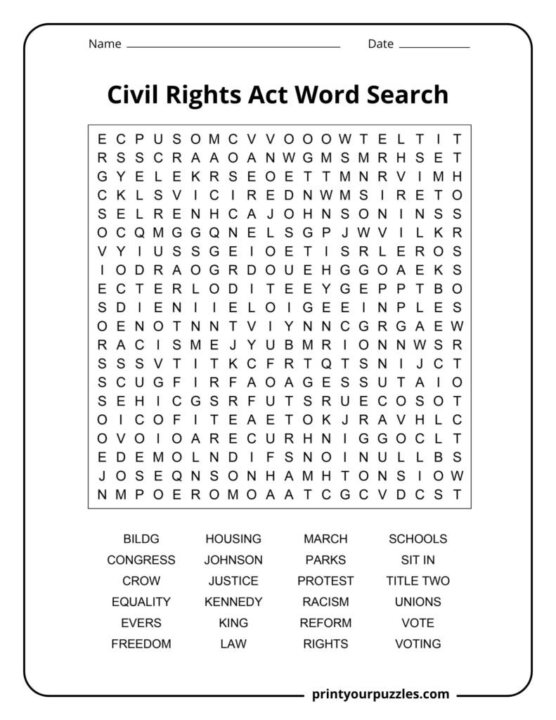 Hard Civil Rights Act word search puzzle with historical terms like equality, justice, and voting rights.