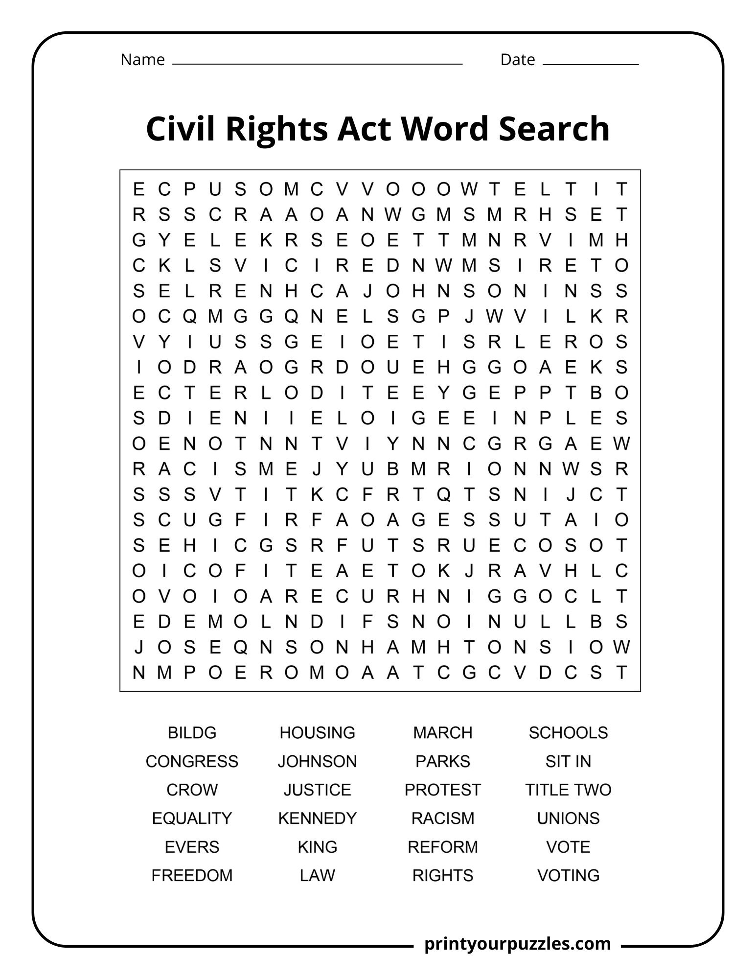 Civil Rights Act Word Search | Print Your Puzzles