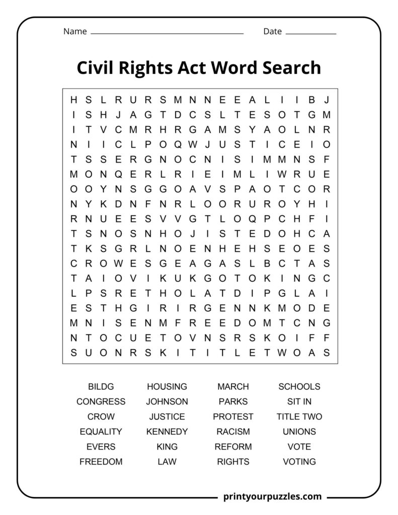 Medium difficulty Civil Rights Act word search puzzle with terms like freedom, protest, and schools.
