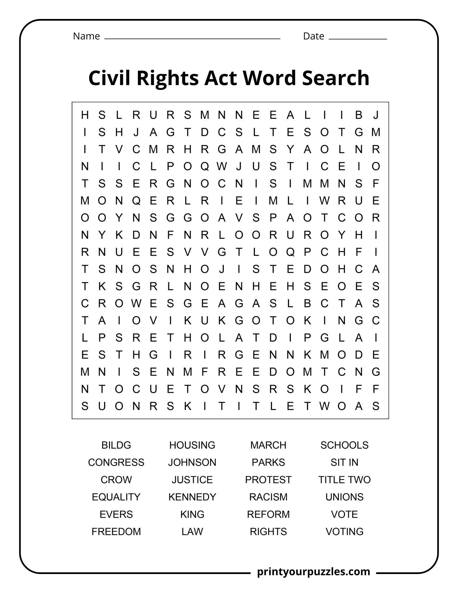 Medium difficulty Civil Rights Act word search puzzle with terms like freedom, protest, and schools.
