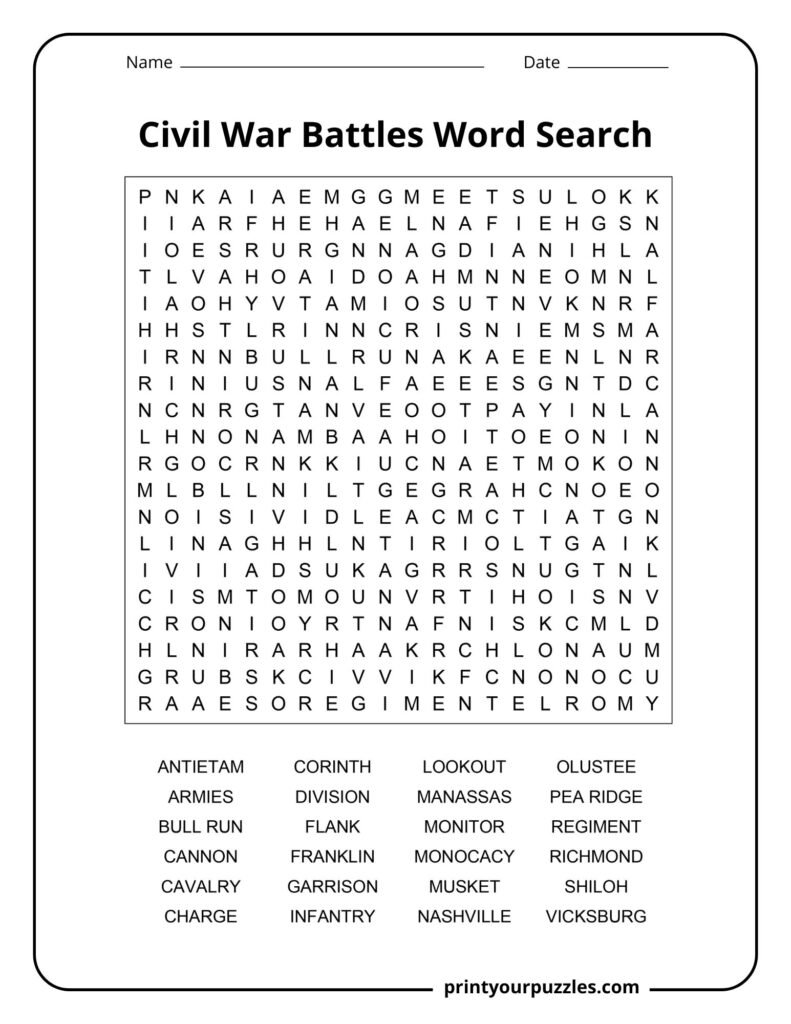 Hard Civil War battles word search printable with a dense grid and 24 battle-related vocabulary terms.
