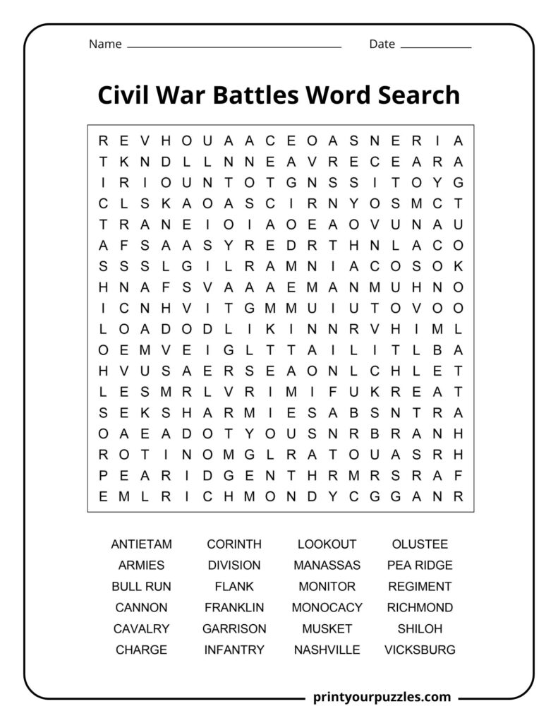 Medium Civil War battles word search printable with a clear grid and 24 historical battle-related terms.