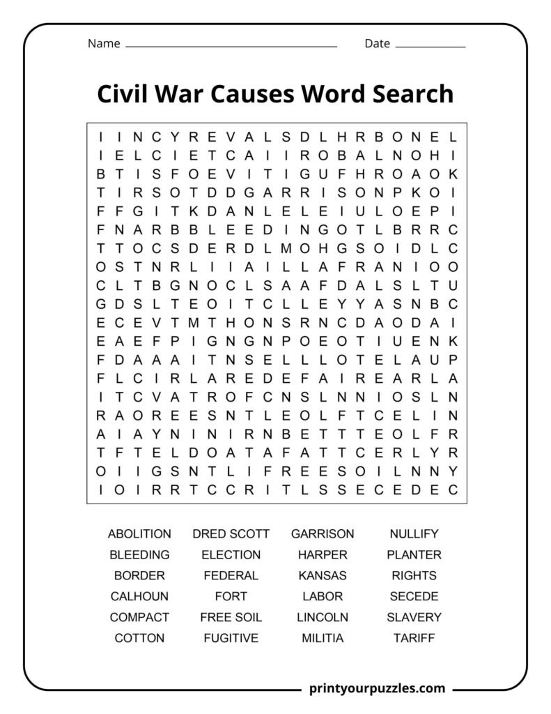 Hard Civil War causes word search printable with 24 historical terms in a dense letter puzzle grid.