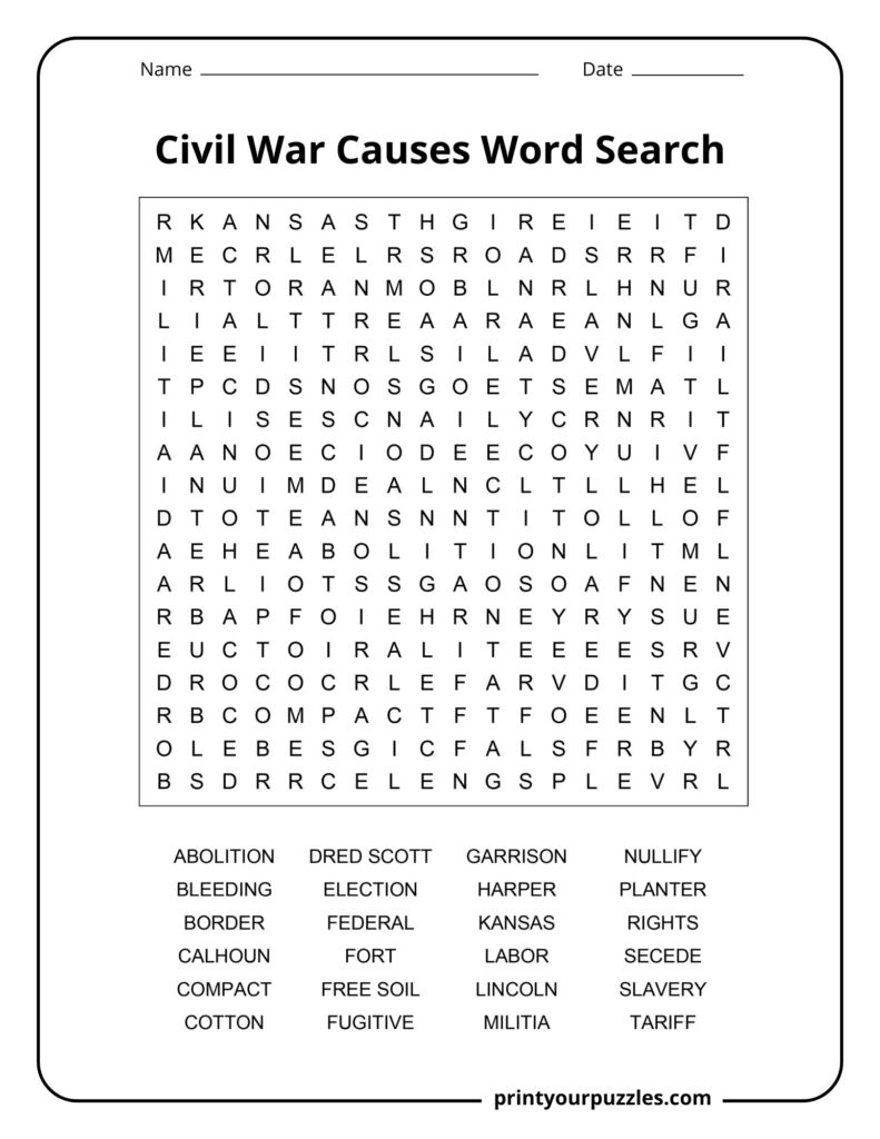 Medium Civil War causes word search printable with a clear puzzle grid and 24 history vocabulary words.