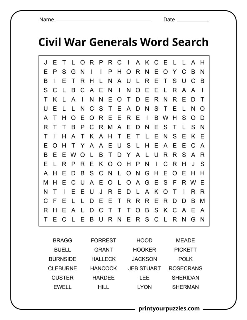 Medium Civil War generals word search printable with 24 military leader names in a clear puzzle grid.