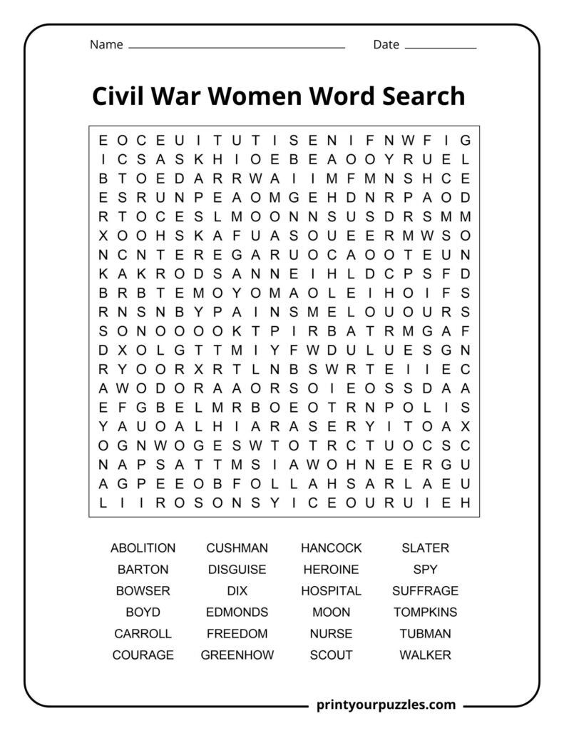 Hard Civil War women word search printable with 24 names and terms linked to notable women of the era.