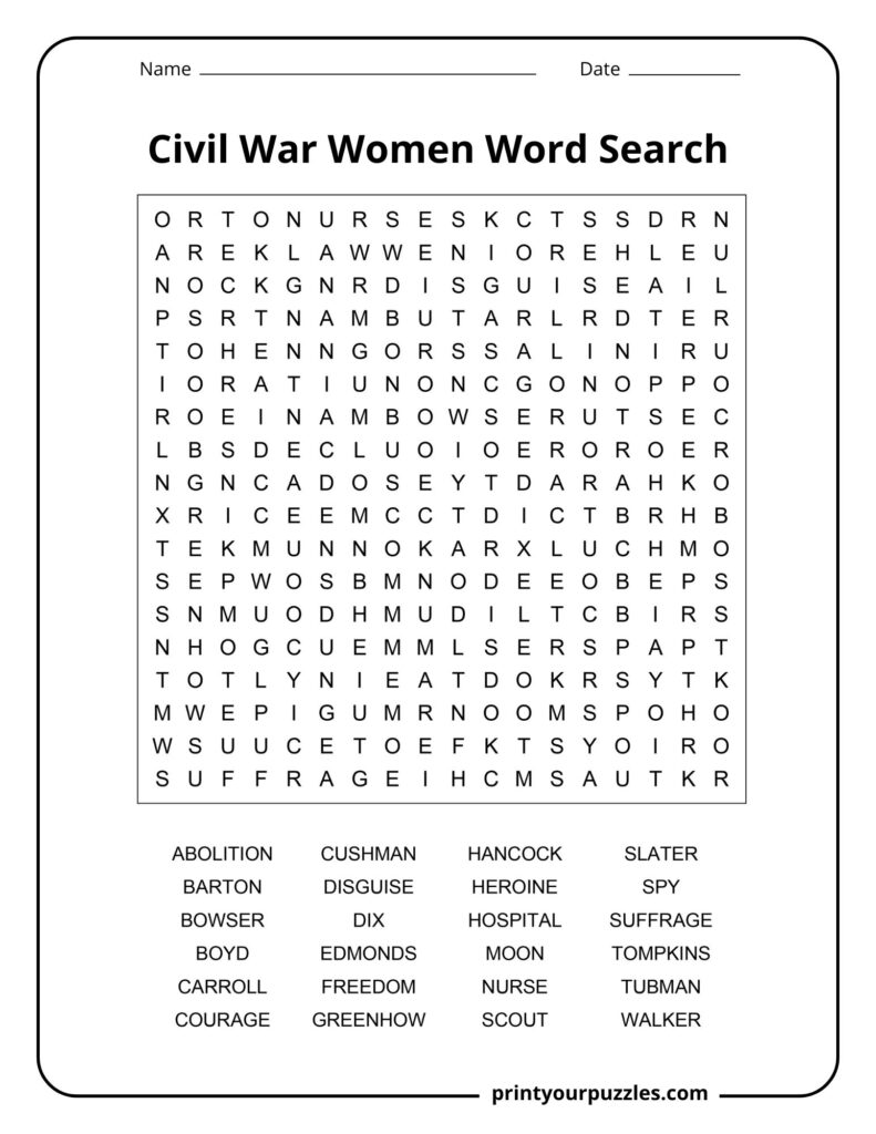 Medium Civil War women word search printable with 24 names and historical terms in a clear puzzle grid.