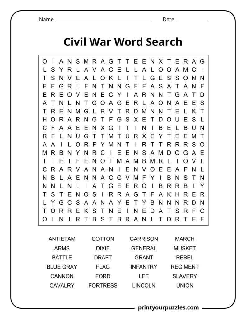 Hard Civil War word search printable featuring a large letter grid and 24 history-themed vocabulary words.