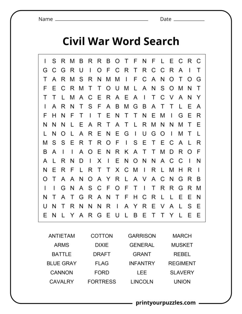 Medium Civil War word search printable with a letter grid and 24 American Civil War vocabulary words.