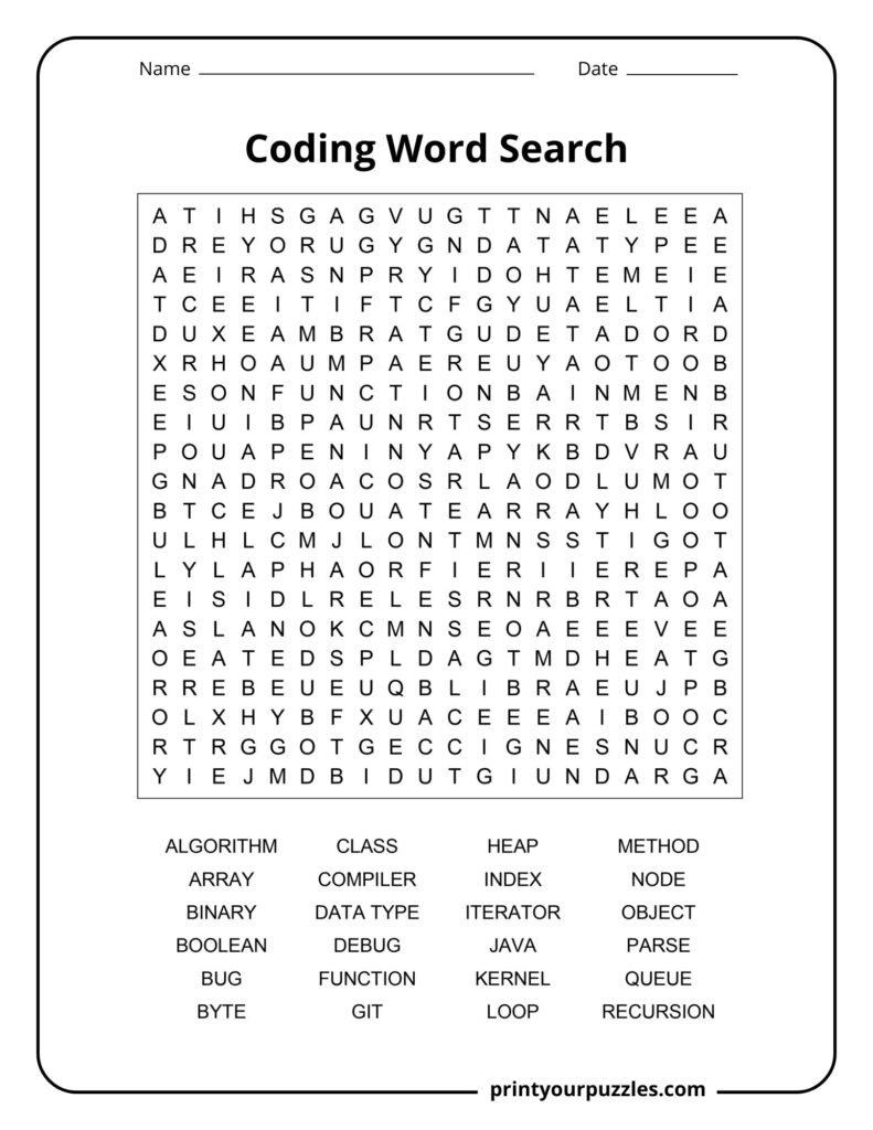 Hard coding word search printable with 24 programming terms like algorithm, recursion, and compiler.