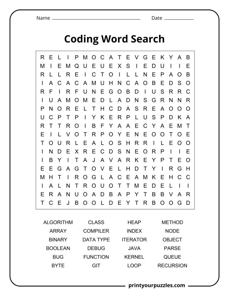Medium coding word search printable with 24 programming vocabulary terms in a clear, student-friendly grid.