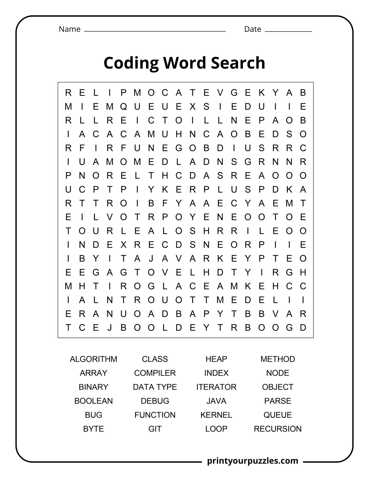 Coding Word Search | Print Your Puzzles