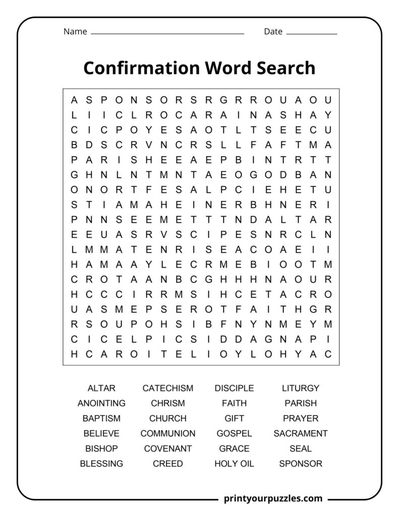 Medium Confirmation word search puzzle with grid and words like parish, sponsor, creed, and liturgy.