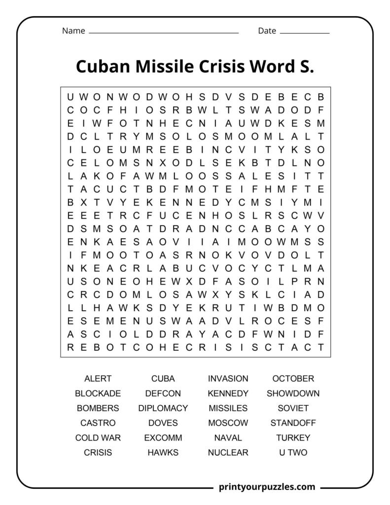 Hard Cuban Missile Crisis word search puzzle with terms like nuclear, blockade, Kennedy, and Cold War.