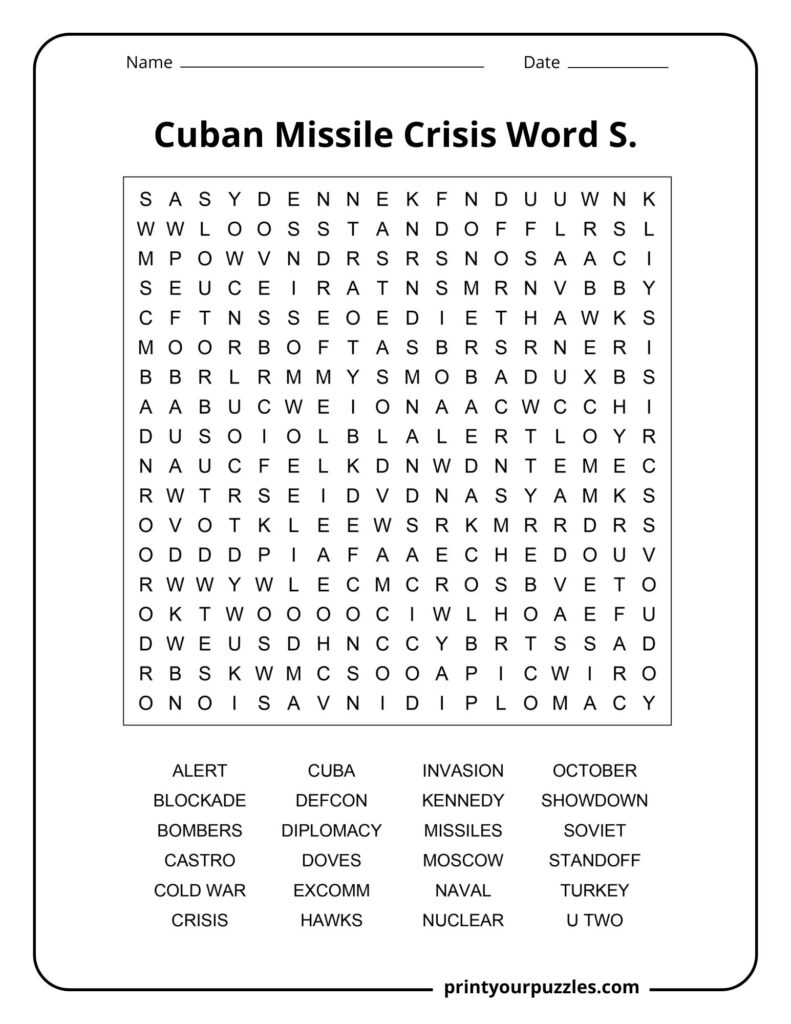 Medium Cuban Missile Crisis word search puzzle with terms like diplomacy, missiles, Cuba, and standoff.