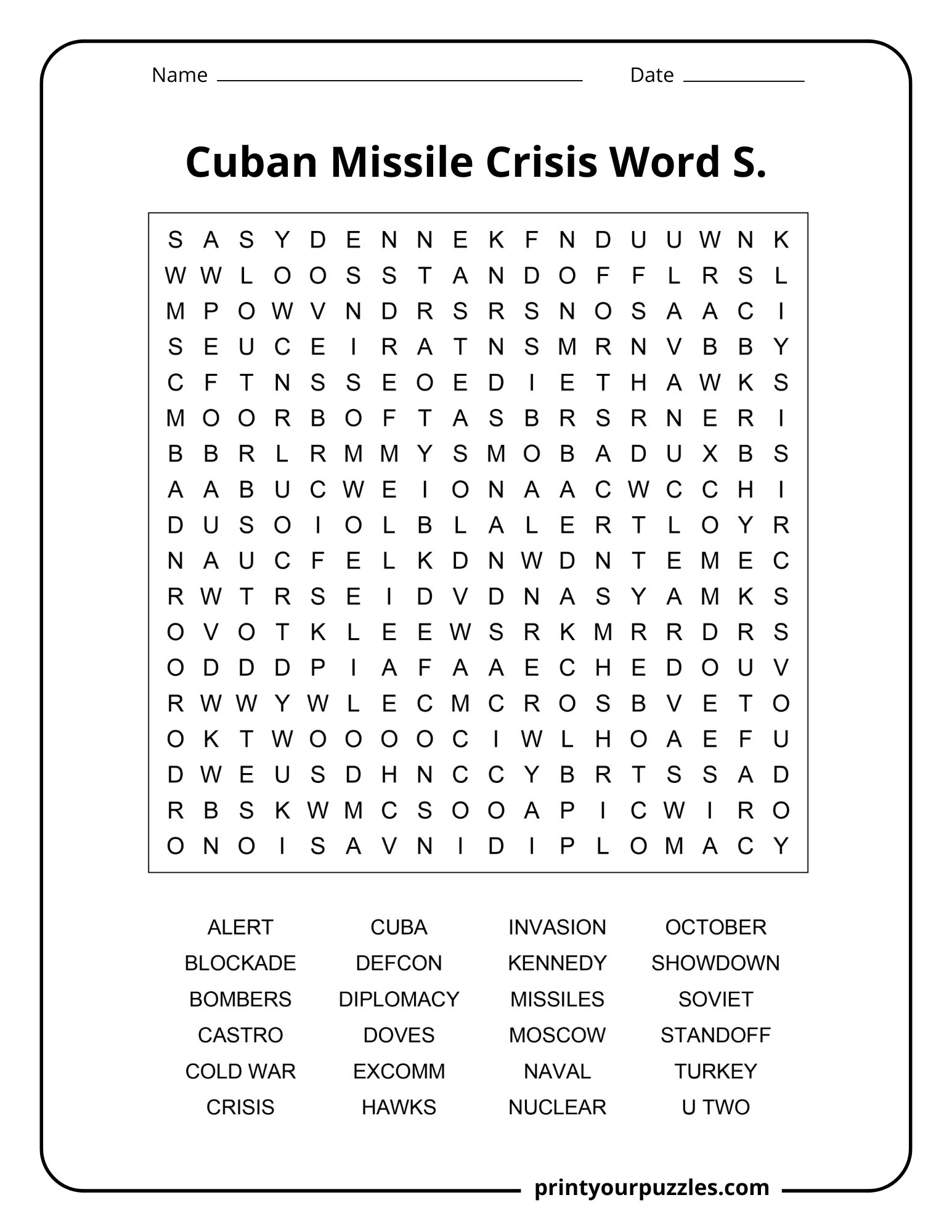 Medium Cuban Missile Crisis word search puzzle with terms like diplomacy, missiles, Cuba, and standoff.
