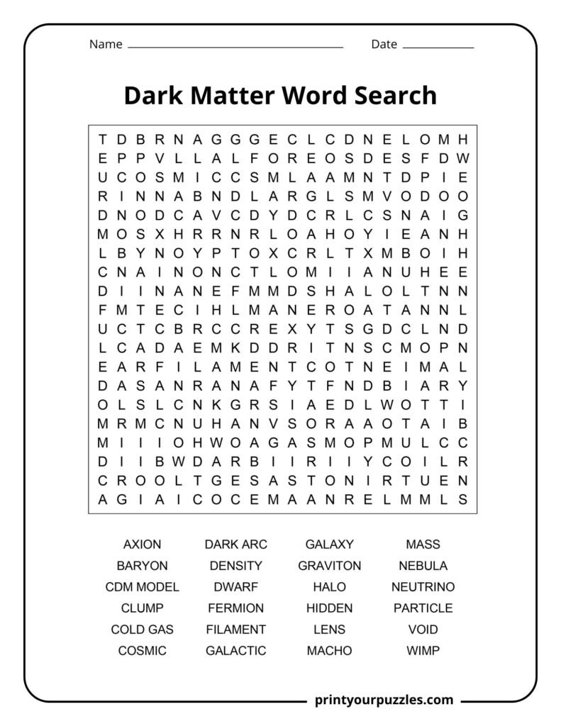 Hard dark matter word search printable with physics terms like axion, graviton, neutrino, and galaxy.