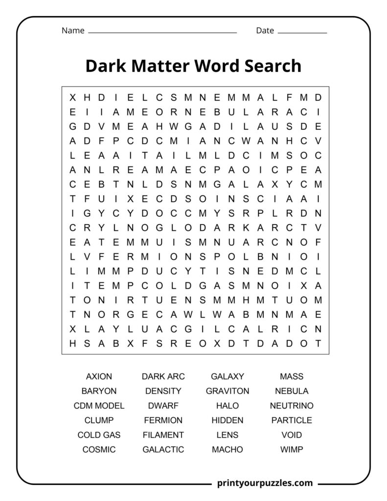 Medium dark matter word search printable with space and physics terms like galaxy, nebula, and density.